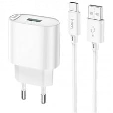 МЗП Hoco C109A Fighter QC3.0 18W (1USB-A) + кабель USB to Type-C White