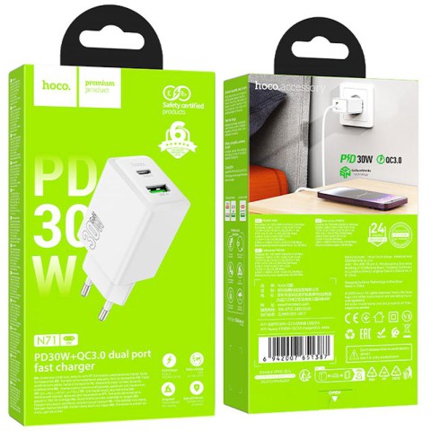 МЗП Hoco N71 Nuevo PD30W+QC3.0 (1USB-A/1C) White