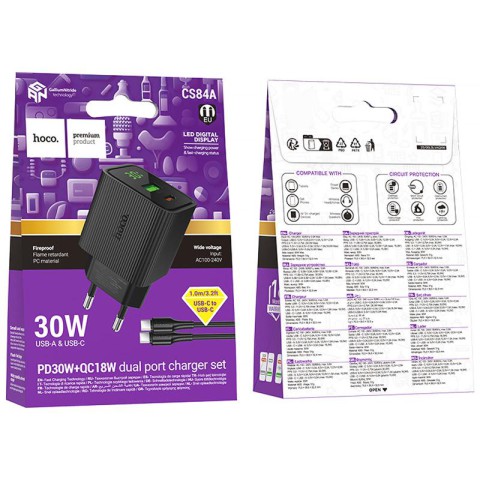 МЗП Hoco CS84A Excellent with digital display PD30W+QC3.0 (1USB-A/1C) + кабель Type-C to Type-C Black