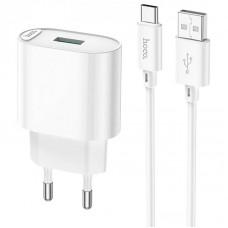 МЗП Hoco C109A Fighter QC3.0 18W (1USB-A) + кабель USB to Type-C White