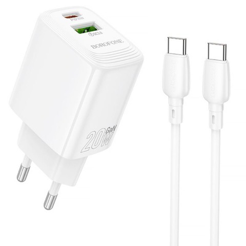 МЗП Borofone BN27 Fuente PD20W+QC3.0 (1USB-A/1C) + кабель Type-C to Type-C White