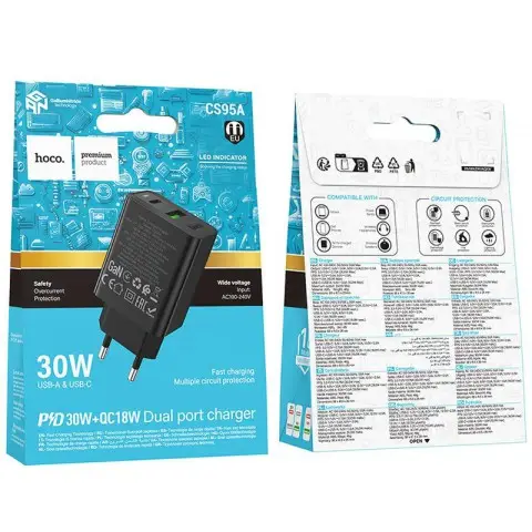 МЗП Hoco CS95A Leader PD30W+QC3.0 (1USB-A/1C) Black