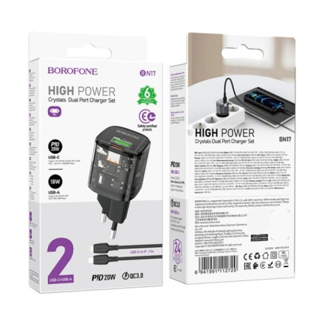 МЗП Borofone BN17 Sunlight PD20W+QC3.0 (1USB-A/1C) + кабель Type-C to Lightning Transparent black