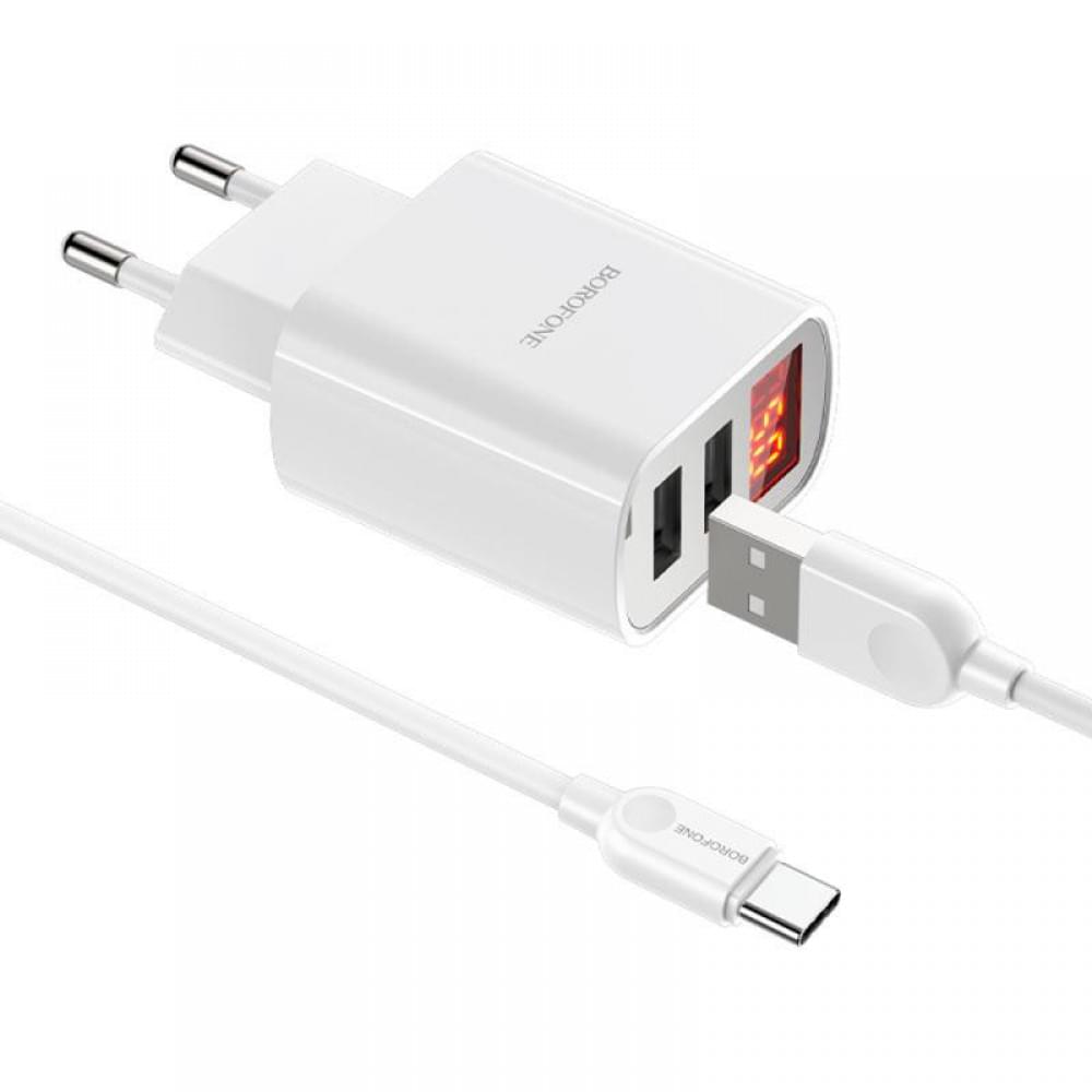МЗП Borofone BA58A with digital display 2.4A (2USB-A) + кабель USB to Type-C White