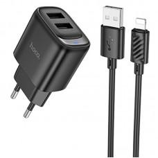 МЗП Hoco C141A Smart 2.1A (2USB-A) + кабель USB to Lightning Black