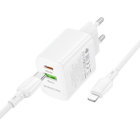 МЗП Borofone BN29 Fuente PD30W+QC3.0 (1USB-A/1C) + кабель Type-C to Lightning White