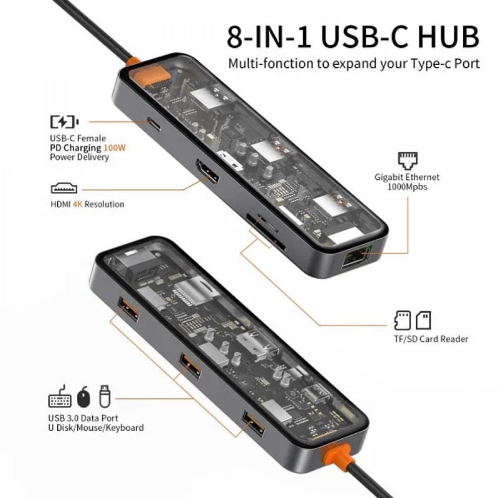 Перехідник HUB WIWU Cyber hub CB008 8 in 1 Grey