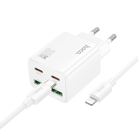 МЗП Hoco N56 Fundador PD30W four-port (2USB-A/2C) + кабель Type-C to Lightning White