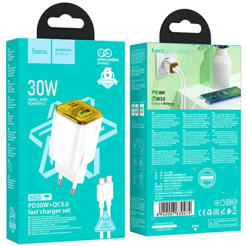 МЗП Hoco N53 Monsoon PD30W+QC3.0 (1USB-A/1C) + кабель Type-C to Type-C White