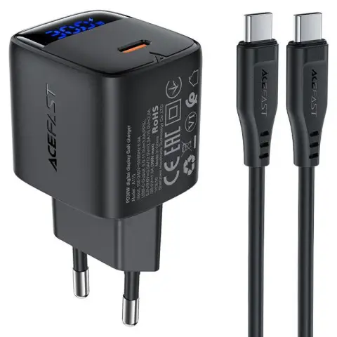 МЗП Acefast A115 PD30W GaN (1USB-C) + кабель Type-C to Type-C Black