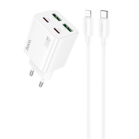 МЗП Hoco N56 Fundador PD30W four-port (2USB-A/2C) + кабель Type-C to Lightning White