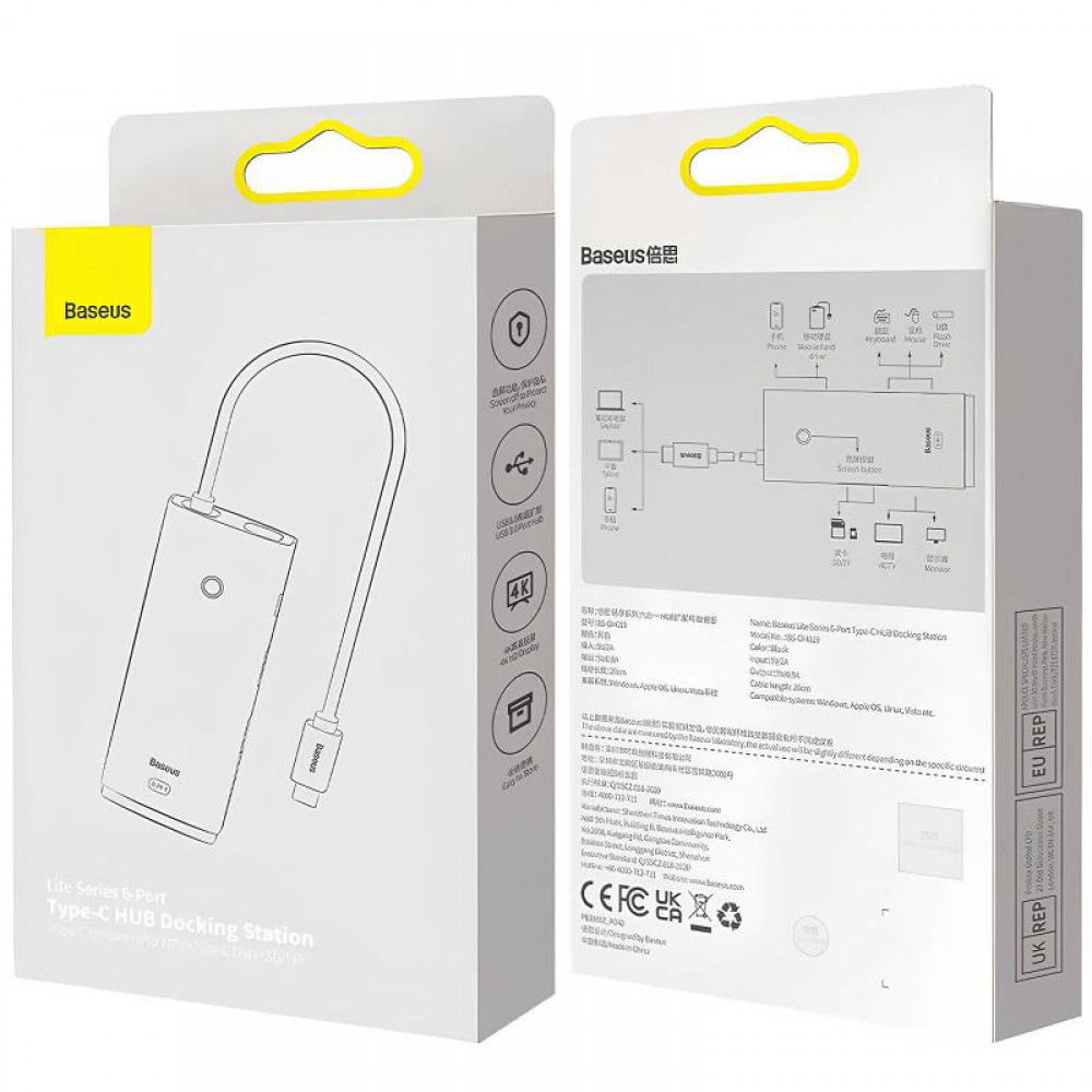 Перехідник HUB Baseus Lite Series 6in1 (Type-C to HDMI+2xUSB3.0+Type-C Data+SD/TF) (WKQX050001) Black