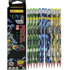 Карандаш чернографитовый Камуфляж, HB, с ластиком, 12 шт.