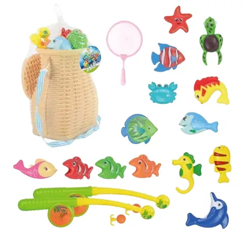 Рибалка, кошик, 2 вудочки з тріскачками, 14 фігурок з магнітами та кільцями, сачок, у сітці