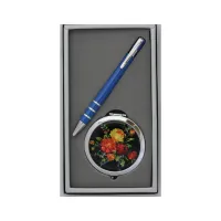 Набір подарунковий кулькова ручка Блакитна + дзеркало Квіти