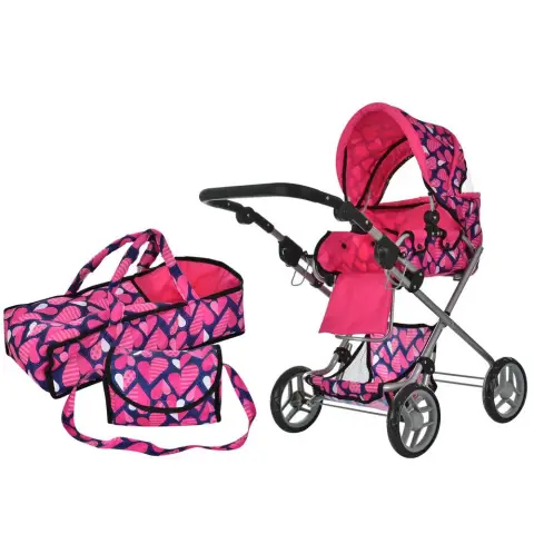 Коляска для ляльки, метал, 84x77x44 см, люлька-переноска, кошик, сумка, 57x38x16 см