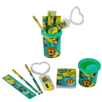 Стакан для ручок пластиковий Тварини, із наповненням, 6 предметів