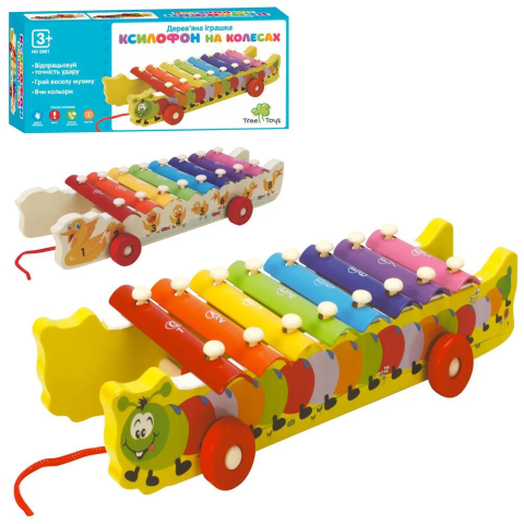 Ксилофон дерев’яний, 8 тонів, каталка на шнурі, 2 палички (В асортименті)