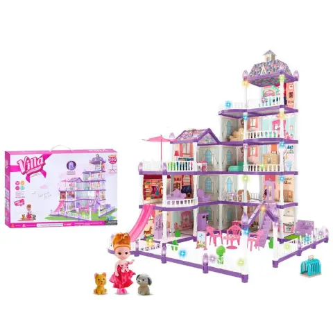 Будиночок 5 поверхів, світло, меблі, лялька 11 см, тварини, 340 деталей, 48x32x10 см (В асортименті)