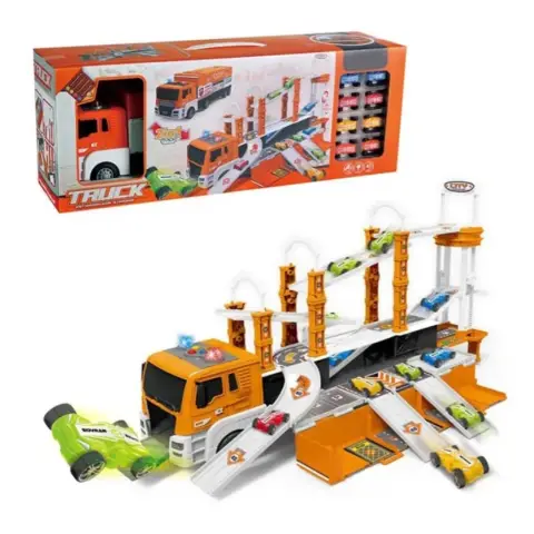 Гараж трейлер, 42 см, інерційний, гараж/трек 50x38x31 см, звук, світло, машинки 8 шт. 4.5 см, 58.5x22x15 см