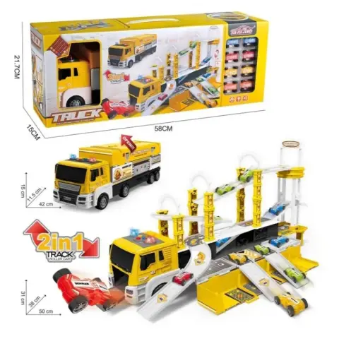 Гараж трейлер, 42 см, інерційний, гараж/трек 50x38x31 см, звук, світло, машинки 8 шт. 4.5 см, 58.5x22x15 см