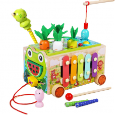 Дерев'яна іграшка "Розвиваючий навчальний Центр" каталка, ксилофон, риболовля, город з морквою, лабіринт, годинник, шнурівка MD0729