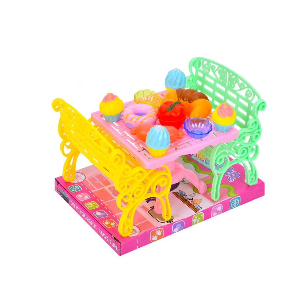 Їдальня стіл, лавка 2шт, продукти, посуд, мікс кольорів, у слюді, 16-12-11,5см /108/