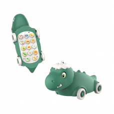 Телефон мобільний 2в1 (динозавр на колесах), 17см, музика, звук(англ), звуки тварин, світло, на бат-ці, (2 кольори) /6/72/12шт в кор. 37-24,5-20см