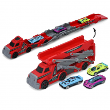 Трейлер 23,5см/60см, 2в1(трек), запуск, машина 3шт (7см, метал), 4 види, в кор-ці, 27-17,5-7,5см /36/