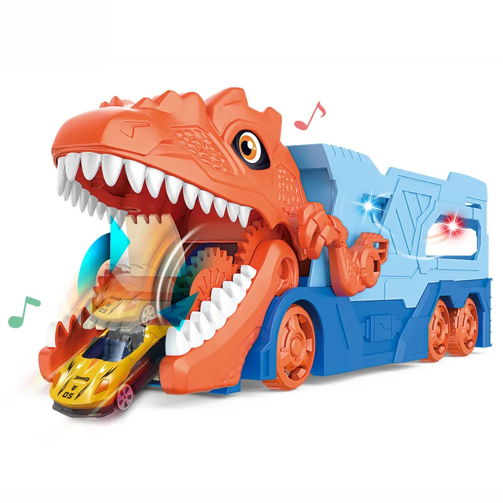 Трейлер динозавр, 34,5см, 1:64, 2в1(трек), звук, світло, машинка (метал, 7см) 2шт, дорожні знаки, 2 кольори, на бат-ці, в кор-ці, 51-17,5-13,5см /12/