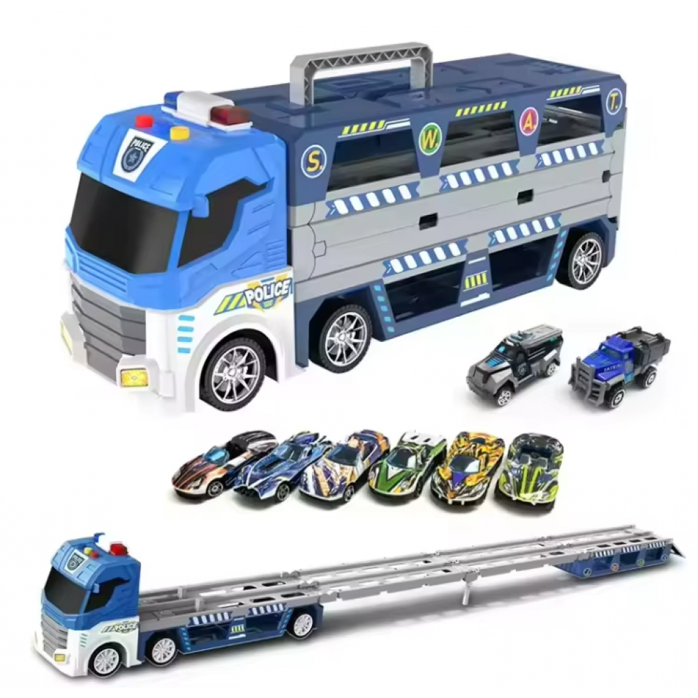 Трейлер-трек "Поліція", розмір 38х10.5х15 см, довжина треку 135 см, механічний запусач, підсвічування, звук, 2 металопластикові моделі, 6 пластикових моделей, в кор. /36/