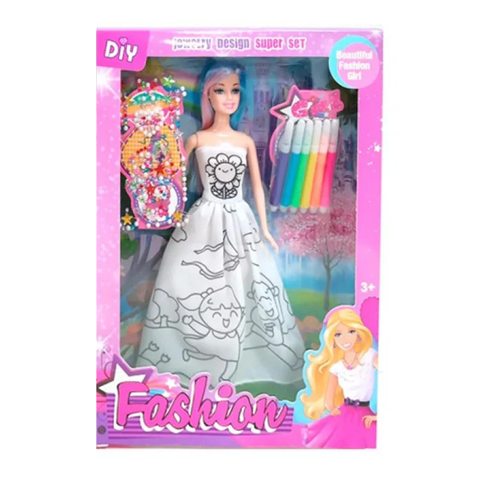 Лялька 29см, плаття-розмальовка, фломастери, стрази-наліпки, 2 види, в кор-ці, 23-33-5см /60/