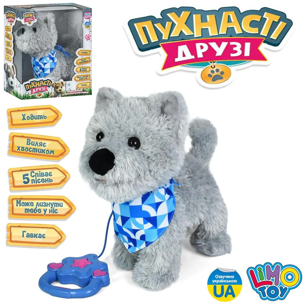 Собака д/к(повідець), 28-27-12см, плюш, музика (укр), звук(гавкає), пісні, сенсор на голові, лиже, ходить, виляє хвостиком, на бат-ці, 4 види, в кор-ці(розібр), 31-27-15см /16/