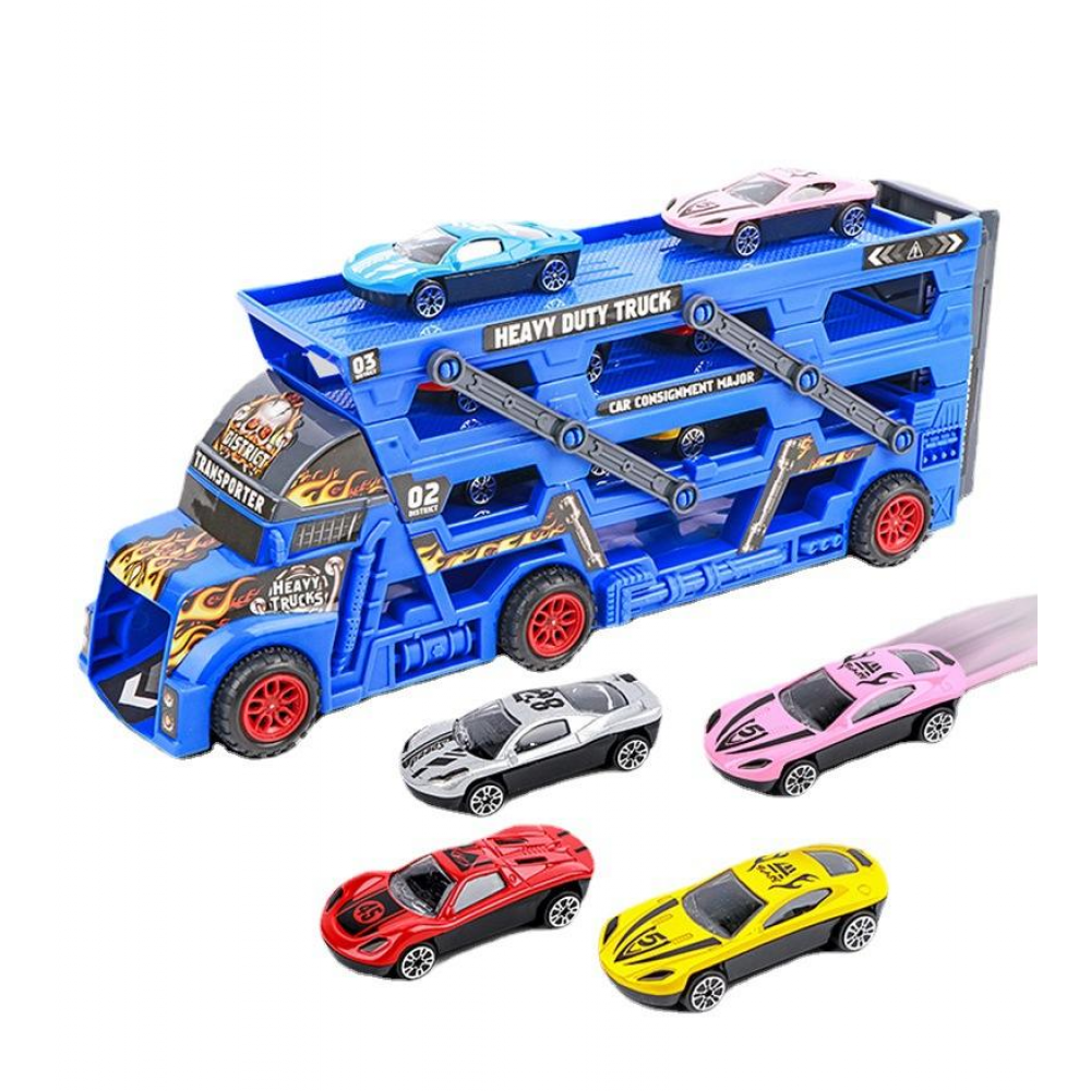 Трейлер 32см, трек(запуск), машинки(метал, 6шт, 7см), 2 кольори, в кор-ці, 44-15-8,5см /18/