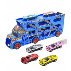 Трейлер 32см, трек(запуск), машинки(метал, 6шт, 7см), 2 кольори, в кор-ці, 44-15-8,5см /18/