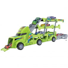 Трейлер 51см, 3в1(трек, гараж), машинка 4шт, машинка-запуск, 2 кольори, в кор-ці, 35,5-23-7,5см /30/