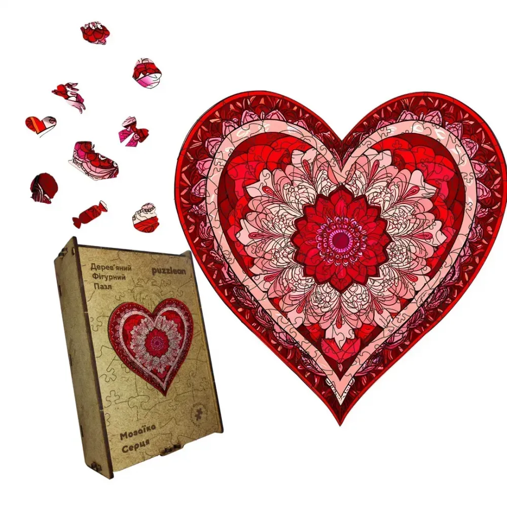 Дерев'яний фігурний пазл Мозаїка Серця, А4, Картонна коробка 100 елементів
