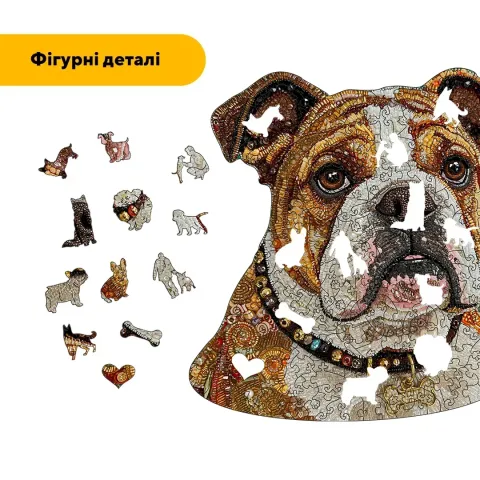 Дерев'яний фігурний пазл Мозаїка Бульдога, А4, Дерев'яна коробка 100 елементів