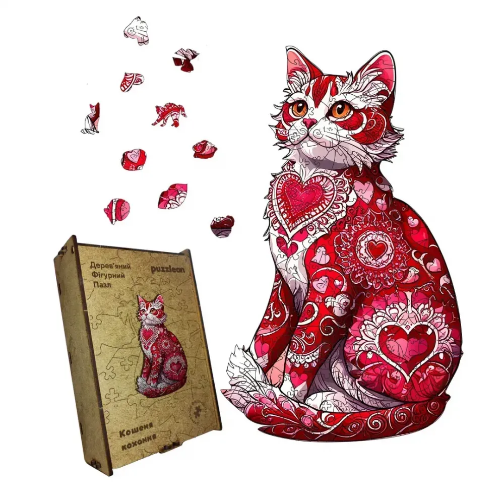Дерев'яний фігурний пазл Кошеня Любові, А4, Картонна коробка 100 елементів
