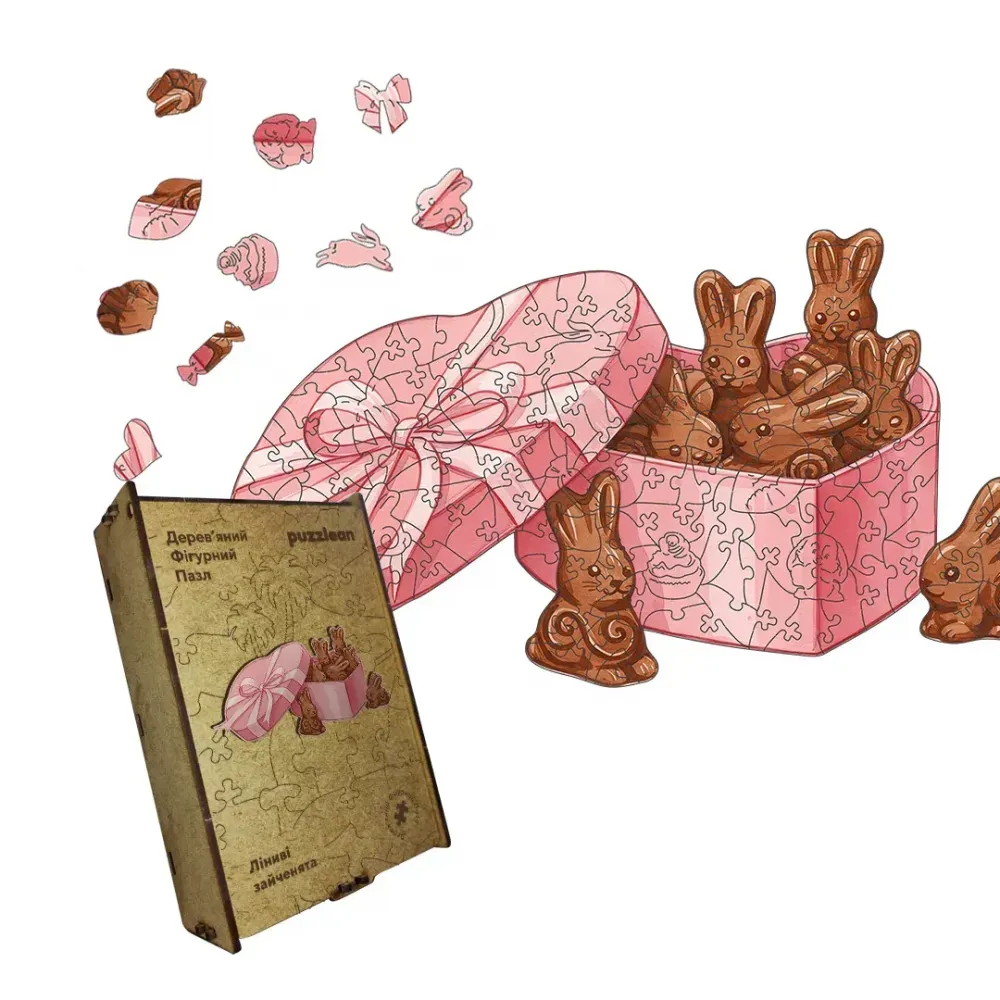 Дерев'яний фігурний пазл Шоколадні Зайченята, А5, Картонна коробка 35 елементів