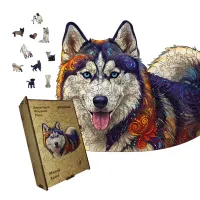 Дерев'яний фігурний пазл Милий Хаскі, А4, Дерев'яна коробка 100 елементів