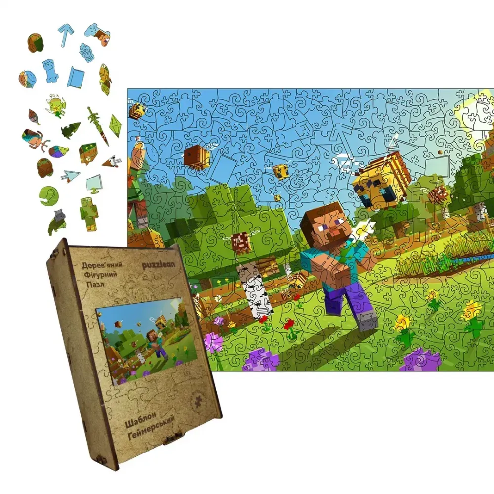 Дерев'яний фігурний пазл Minecraft (Майнкрафт) геймерський, А4, Картонна коробка 100 елементів