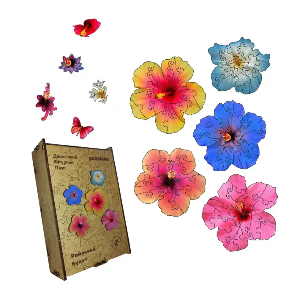 Дерев'яний фігурний пазл композиція Райський Букет, А5, Картонна коробка 35 елементів
