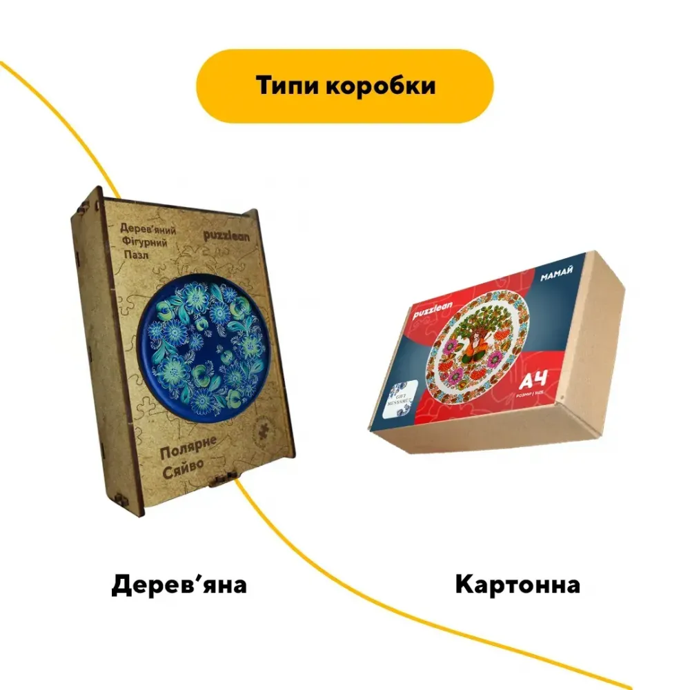 Дерев'яний фігурний пазл Петриківський Розпис Полярне Сяйво Катерини Каракуці, А5, Картонна коробка 35 елементів