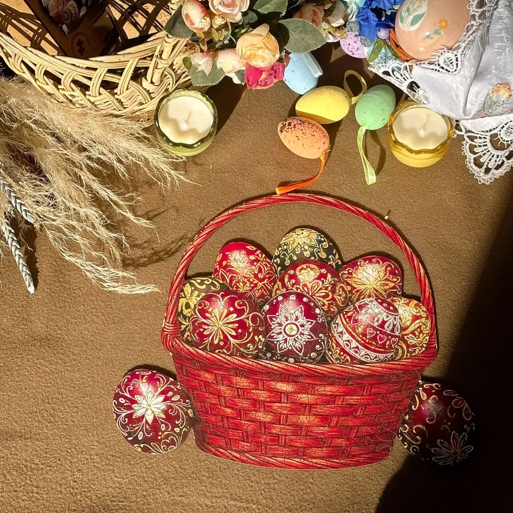 Дерев'яний фігурний пазл Пасхальний Кошик, А2, Дерев'яна коробка 300+ елементів