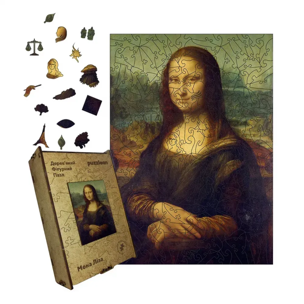 Дерев'яний фігурний пазл Мона Ліза, А2, Дерев'яна коробка 300+ елементів