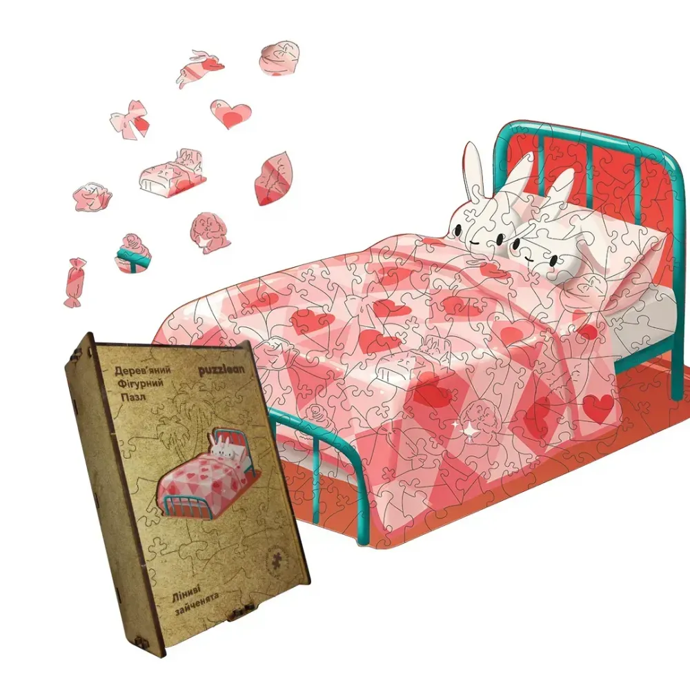 Дерев'яний фігурний пазл Ліниві Зайчики, А2, Дерев'яна коробка 300+ елементів
