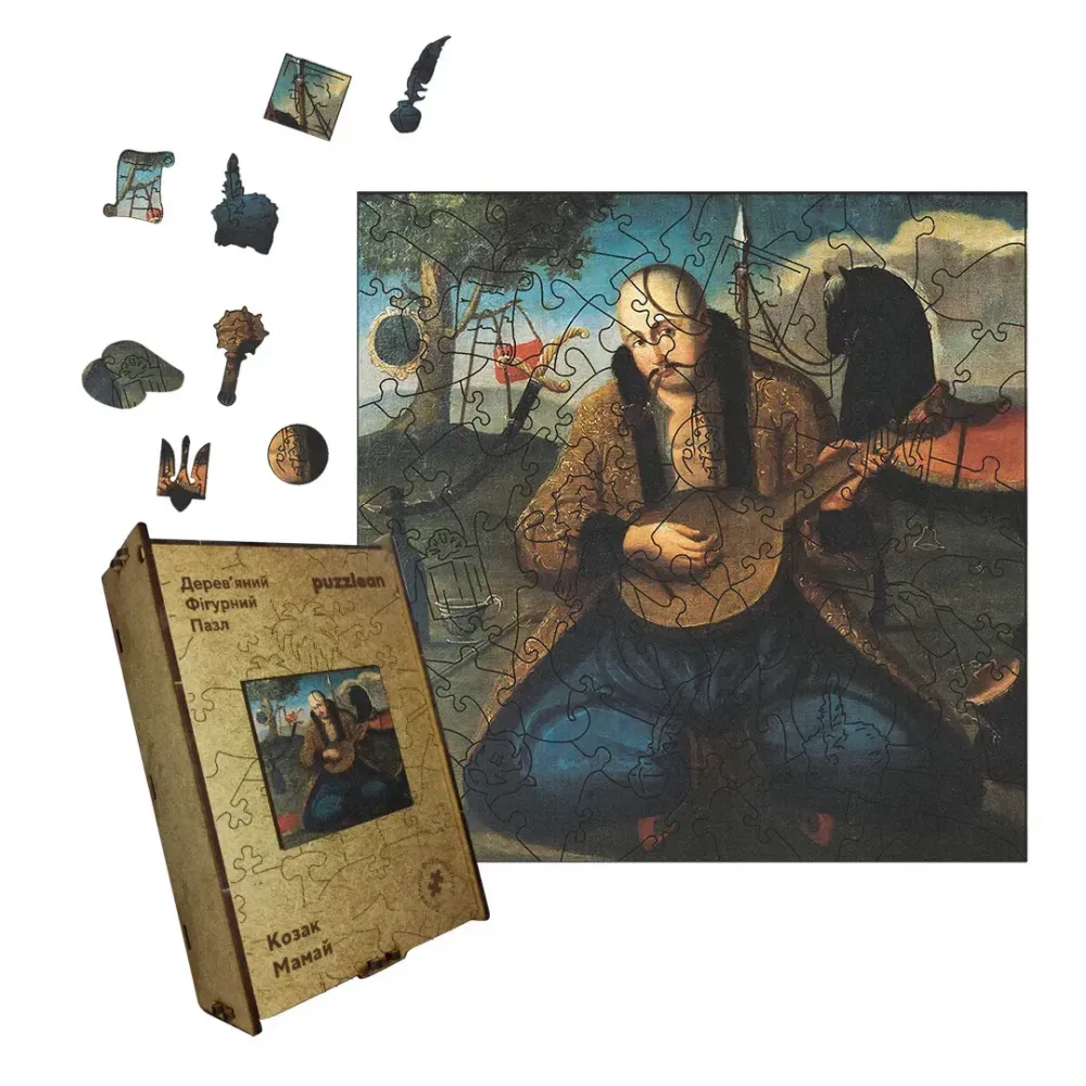 Дерев'яний фігурний пазл Козак Мамай, А2, Дерев'яна коробка 300+ елементів
