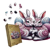 Дерев'яний фігурний пазл Святкові Зайченята, А4, Дерев'яна коробка 100 елементів