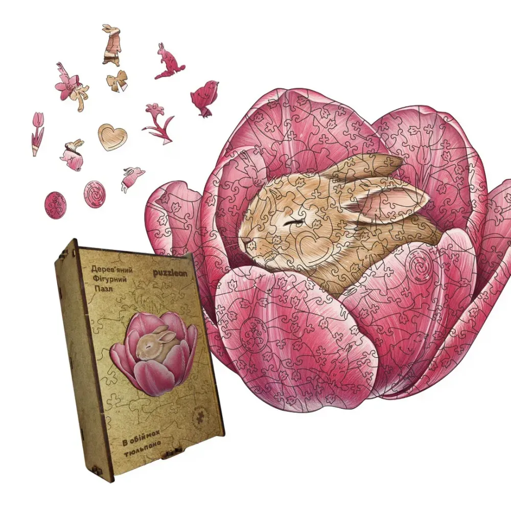 Дерев'яний фігурний пазл В обіймах Тюльпана, А5, Дерев'яна коробка 35 елементів